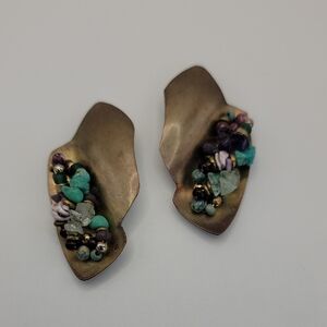 Handmade Artisan Earrings Metalwork with Natural Stone Beads Clip-ons